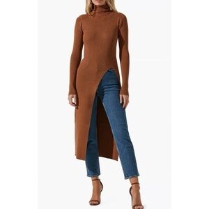 NWOT Size S ASTR The Label Camel Ribbed Turtleneck Maxi Dress High Slit